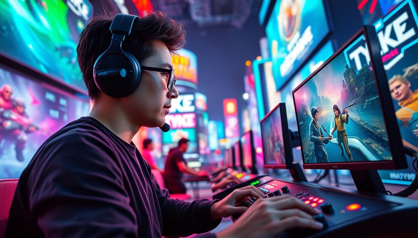 Menggambarkan bensu4d game yang dimainkan oleh gamer di lingkungan virtual yang dinamis dengan warna-warna cerah.