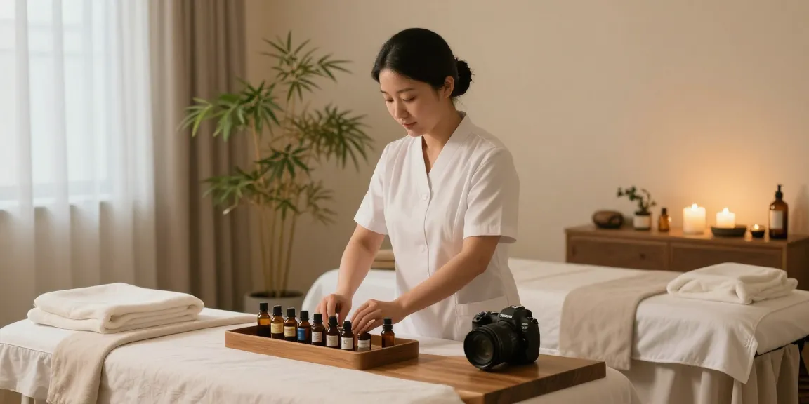 논현동마사지 전문 테라피스트가 아로마 오일을 준비하는 평화로운 마사지 스튜디오
