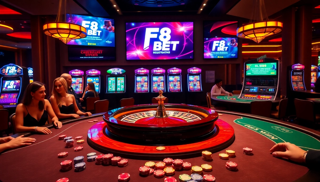 Players enjoying thrilling games at F8 BET casino with vibrant roulette and slot machines.