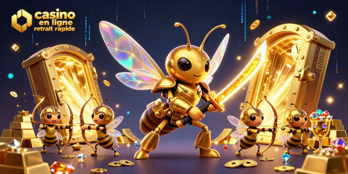Le casino en ligne retrait rapide montre un hornet doré en armure, entouré de trésors éclatants.