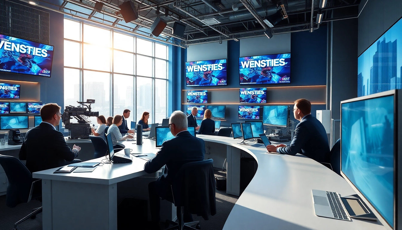 Engaging newsroom atmosphere showcasing journalists discussing the latest news developments.