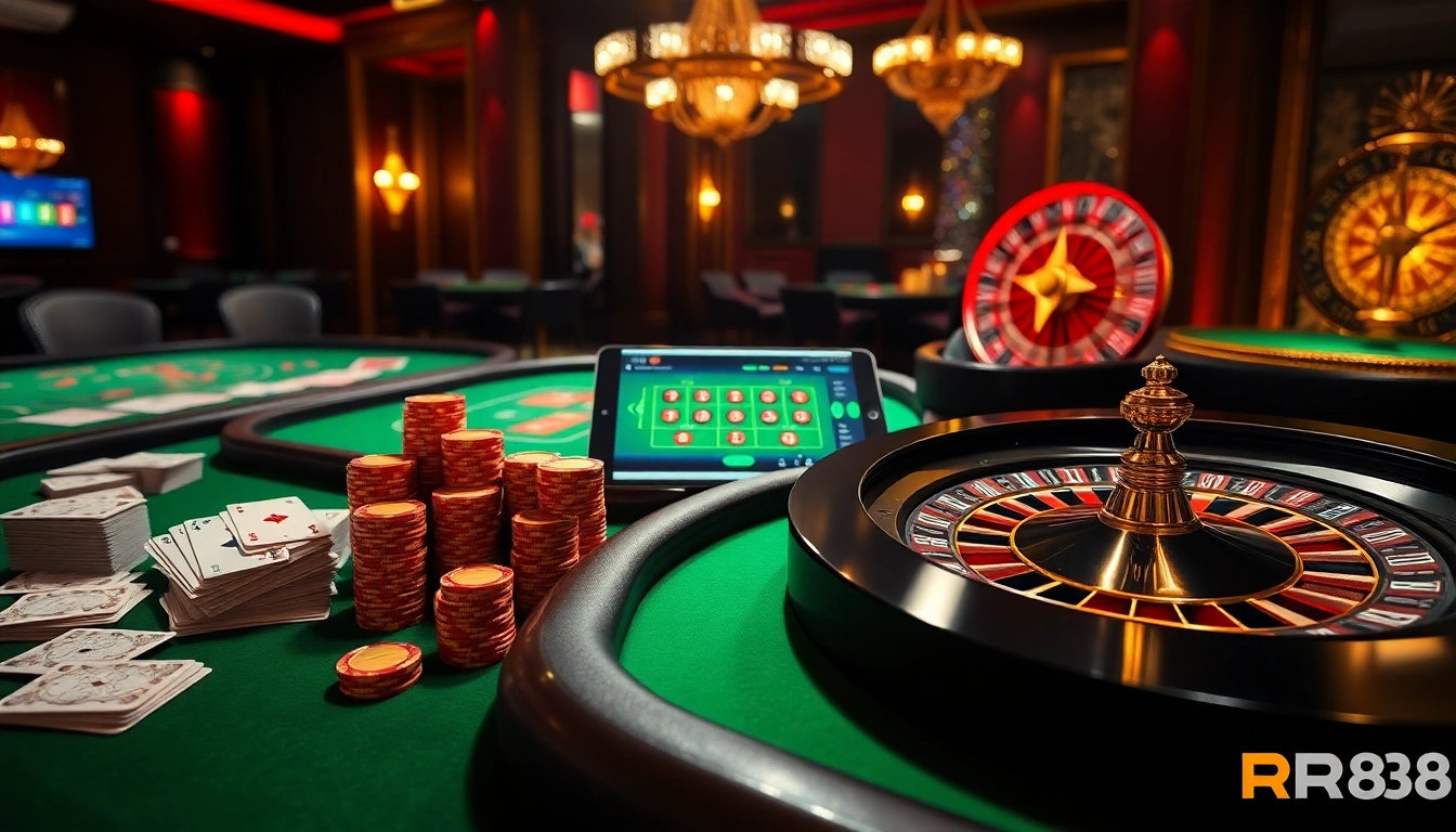 Experience the excitement of RR88 with vibrant casino elements and engaging gambling visuals.