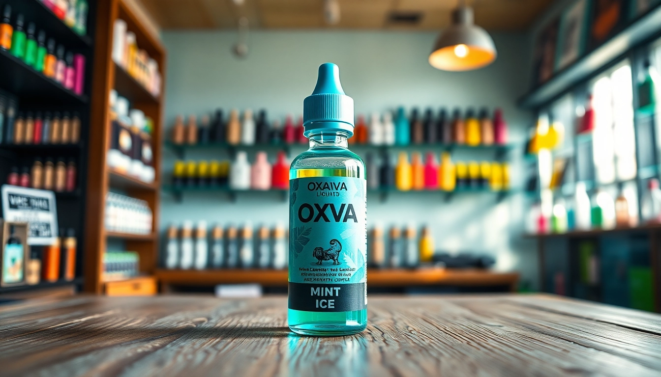 Oxva Liquid in an elegant bottle showcased in a vibrant vape shop setting.