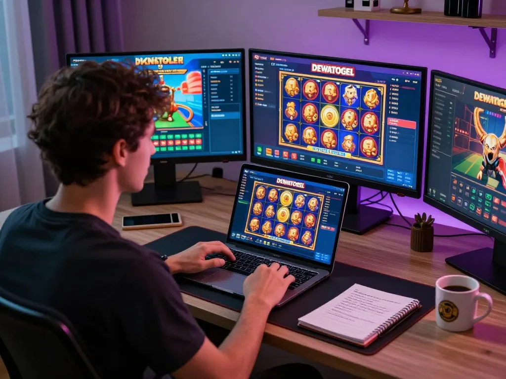Player strategizing for DEWATOGEL's online slots with gaming interface and betting notes.