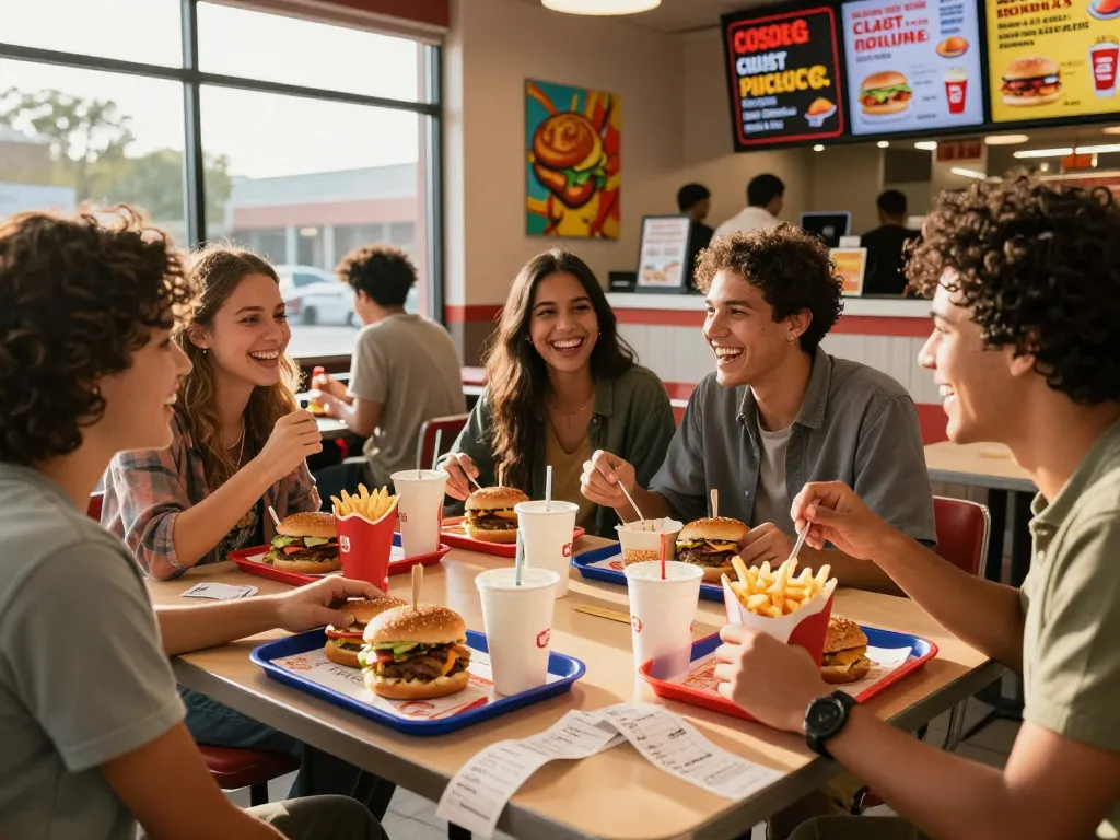 Diverse group enjoying fast food meals while discussing fast food prices in a lively restaurant setting