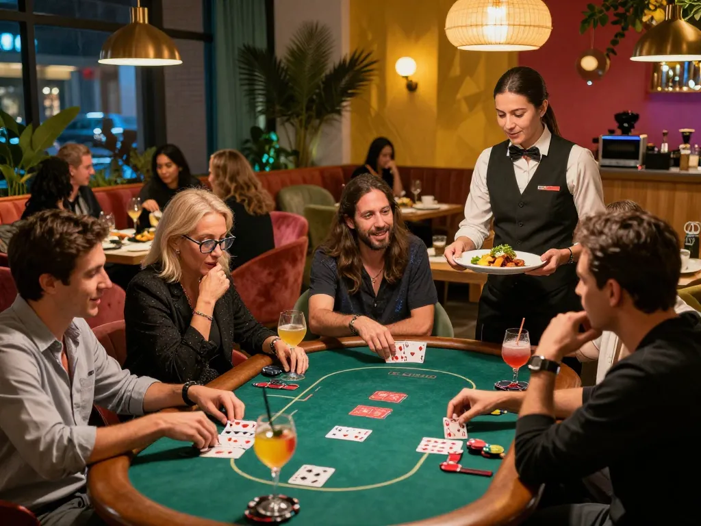 Engaging POKERSERI poker night with guests and gourmet dining.