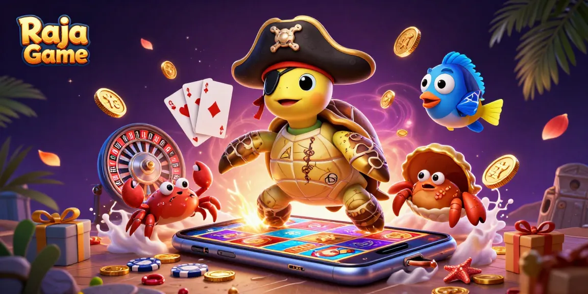 Engage with Raja Game's exciting casino experience featuring a colorful slot game and floating treasure.