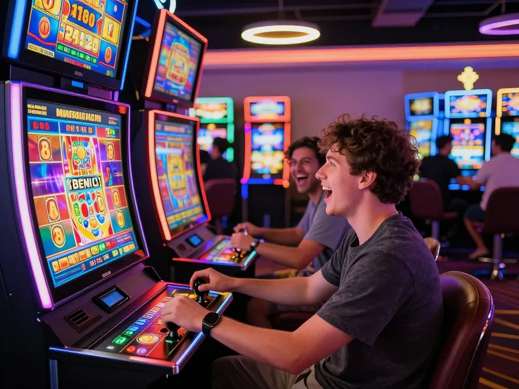 Pemain menikmati slot gacor hari ini di pengaturan kasino yang meriah dengan lampu neon dan tampilan jackpot.