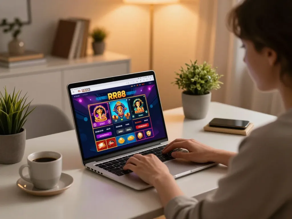 Engaging with the RR88 online casino platform from a cozy home setup, emphasizing responsible gambling.