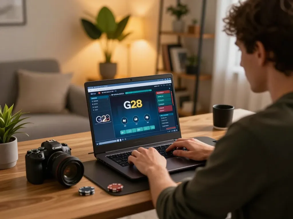 Engaged player using g28 for online poker gameplay in a modern home setup.