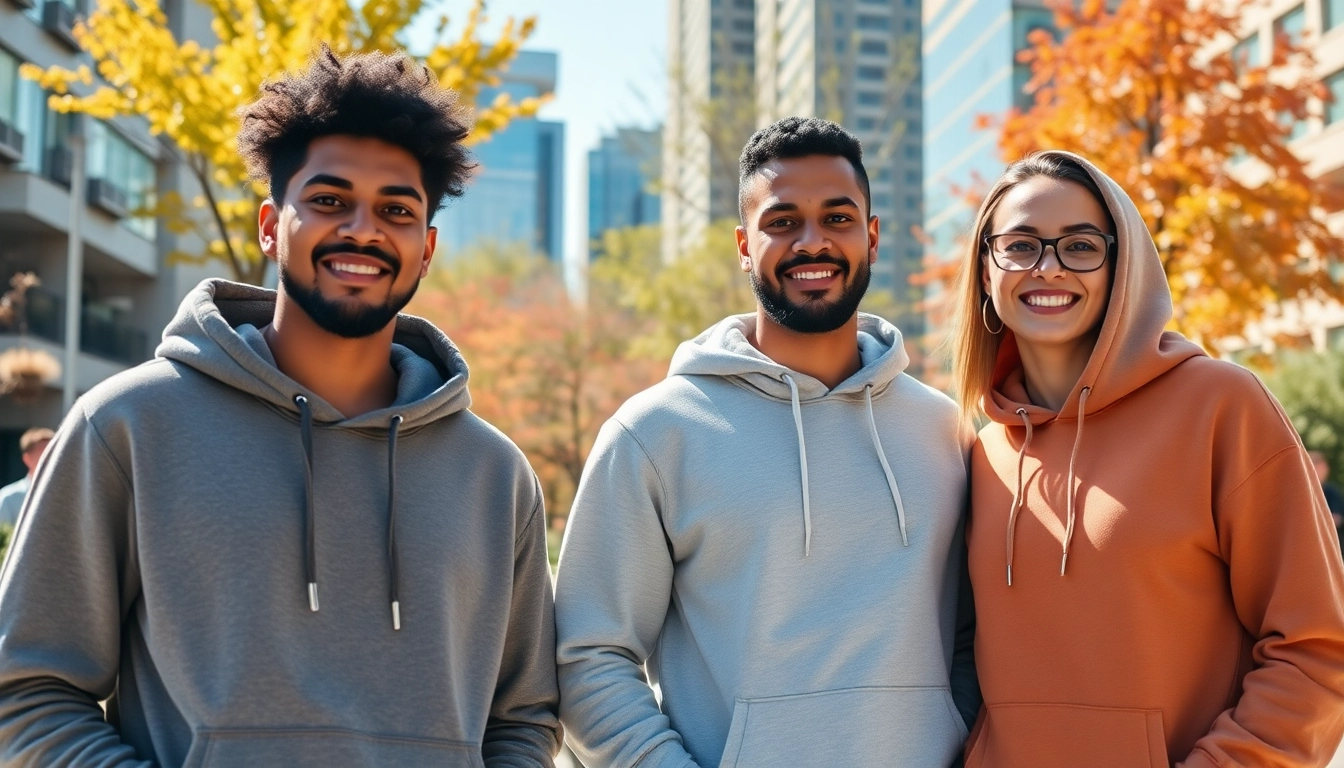Stylish young adults sporting blank hoodies in an urban setting with vibrant colors.