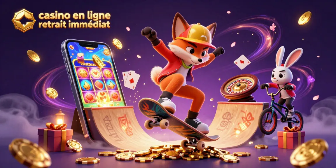 Les casinos en ligne avec retrait immédiat révélés à travers une illustration dynamique de personnages de jeux d'argent animés.