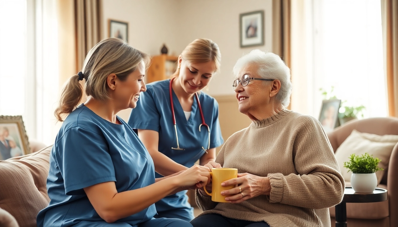 A caregiver providing respite care austin tx to an elderly client in a bright, comfortable living room setting.
