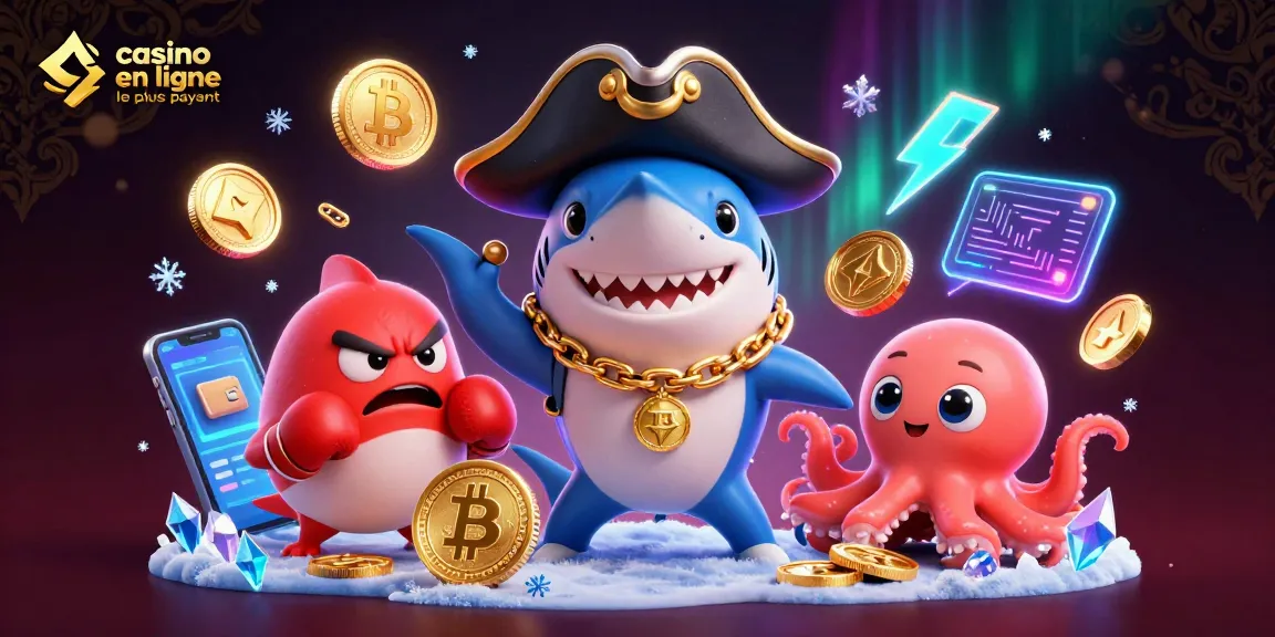 Illustration dynamique représentant le casino en ligne le plus payant avec un requin pirate et des éléments de cryptomonnaie.