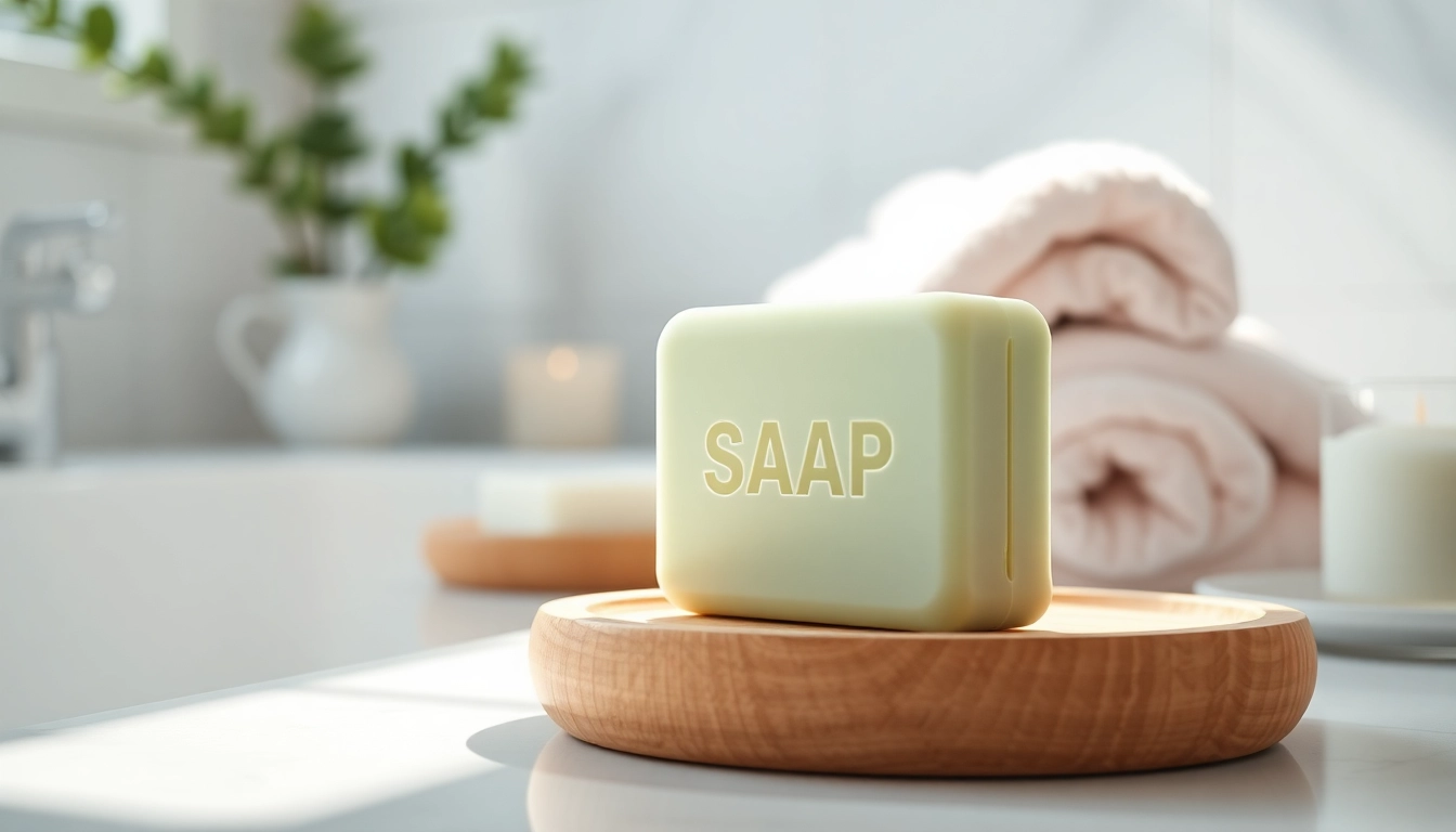 Customized soap displayed elegantly in a serene bathroom setting with natural light.