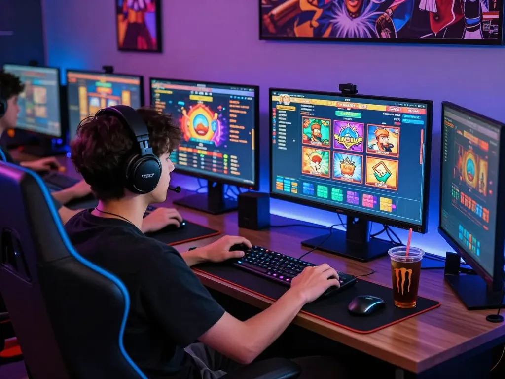 Player enjoying slot gacor games at a colorful gaming setup, showcasing excitement and vibrant atmosphere.