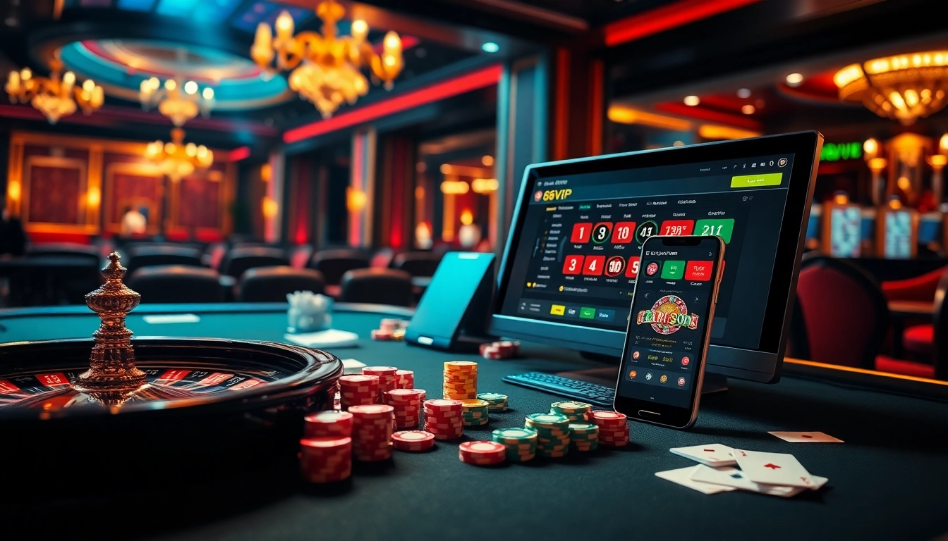 Experience the excitement of 68VIP through a luxurious casino scene with vibrant gaming elements.