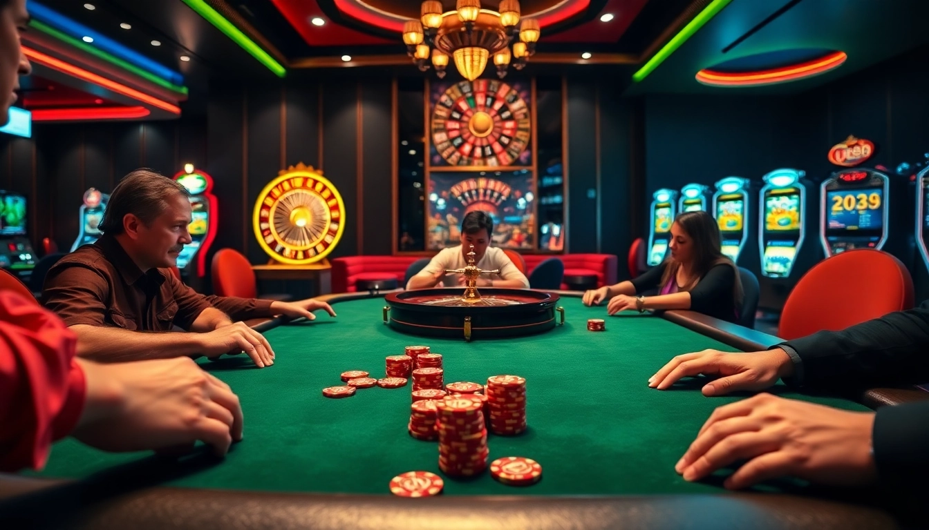 Players engaged in a thrilling U888 poker game at an upscale casino table.