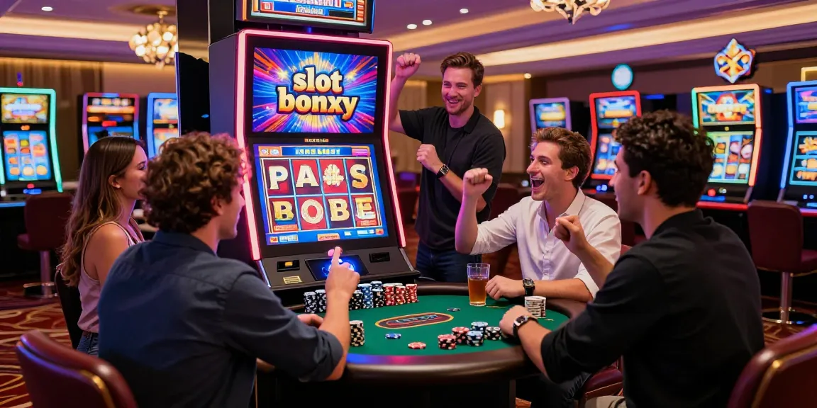 Excited players enjoying a slot bonus feature in a vibrant casino environment.