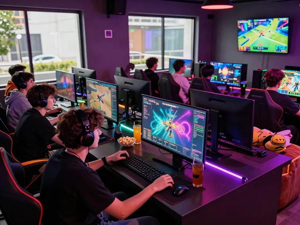 Diverse gamers enjoying DJARUMBOS platform in a vibrant lounge, competitive gaming ambiance