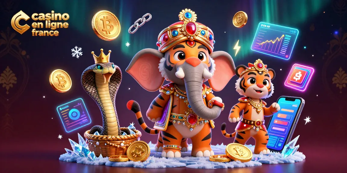 Un tigre maharaja et un éléphant décoré au casino en ligne France, entouré de pièces de crypto-monnaie.
