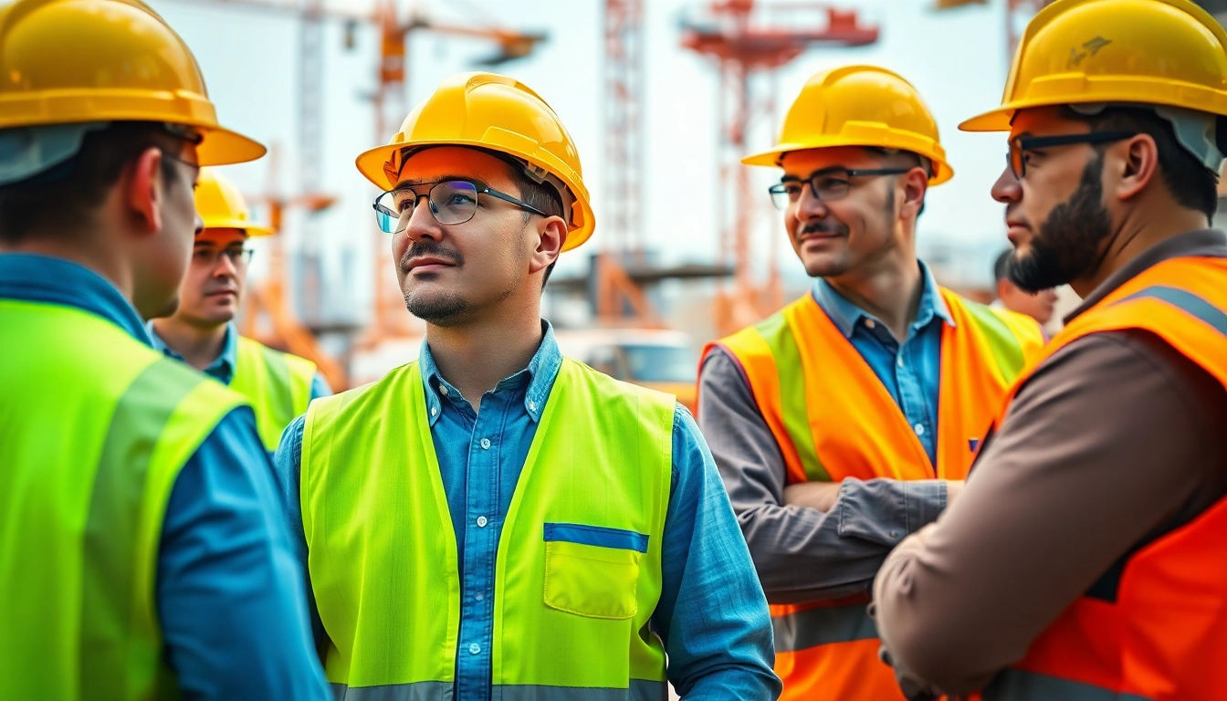 Showcasing construction site safety with workers effectively using protective gear in a busy environment.