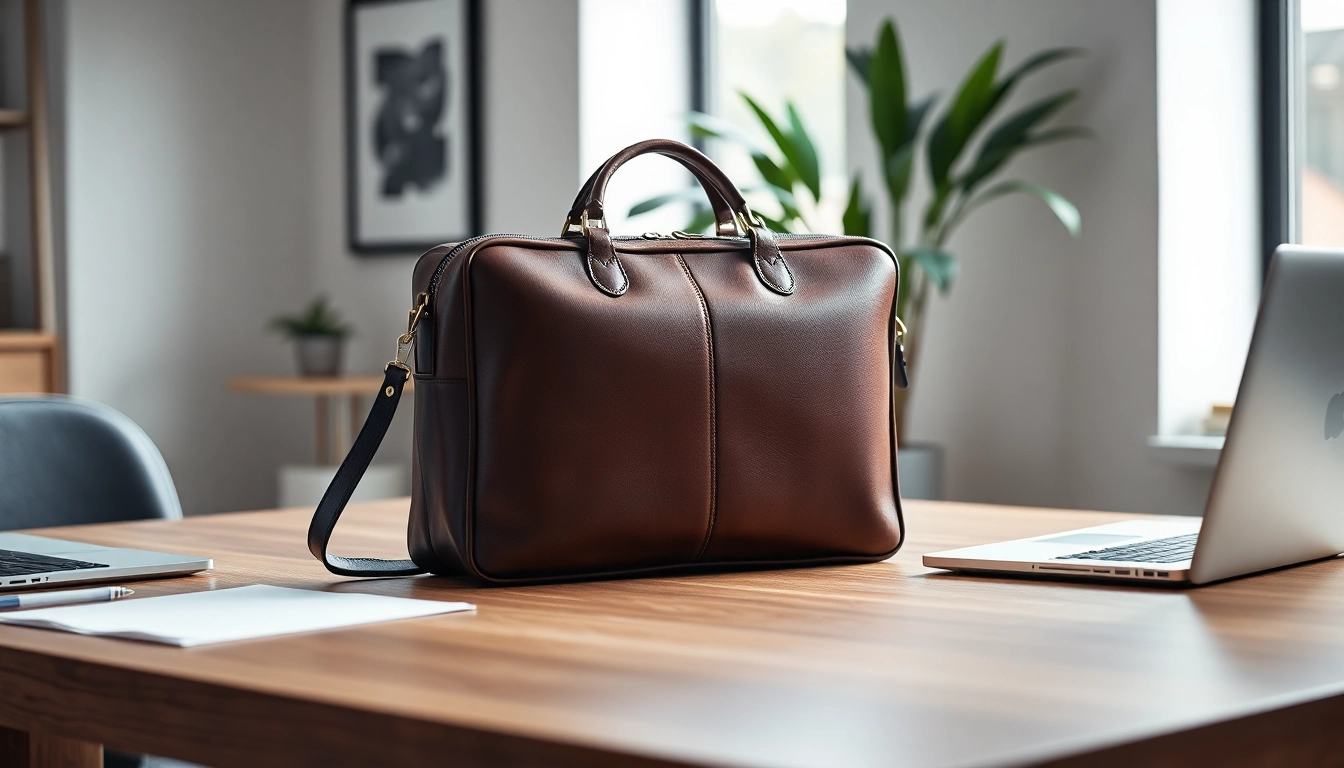 Stylish leather briefcase on a desk showcasing professional design and quality craftsmanship.