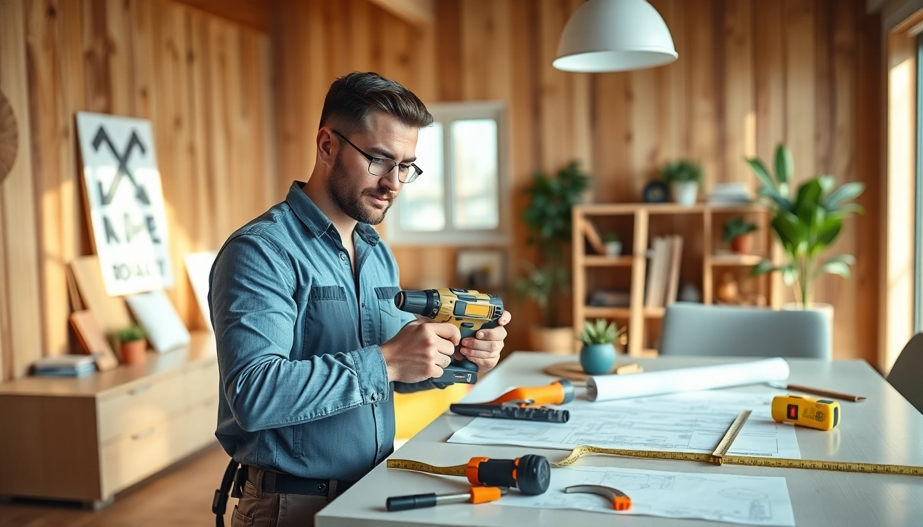 Handyman efficiently repairing a home, showcasing tools and dedication in a bright workspace.