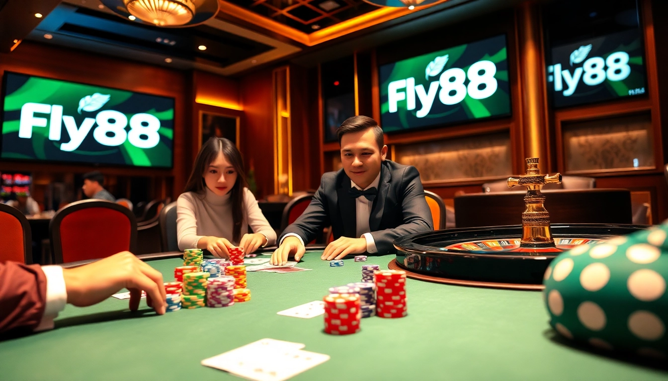 Experience thrilling gameplay at Fly88 with vibrant casino tables, poker chips, and engaging players.