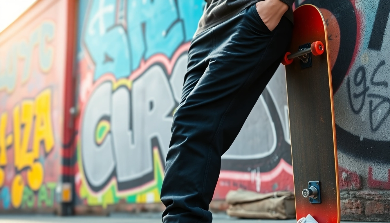Model showcases stylish baggy black jeans in an urban setting against colorful graffiti.