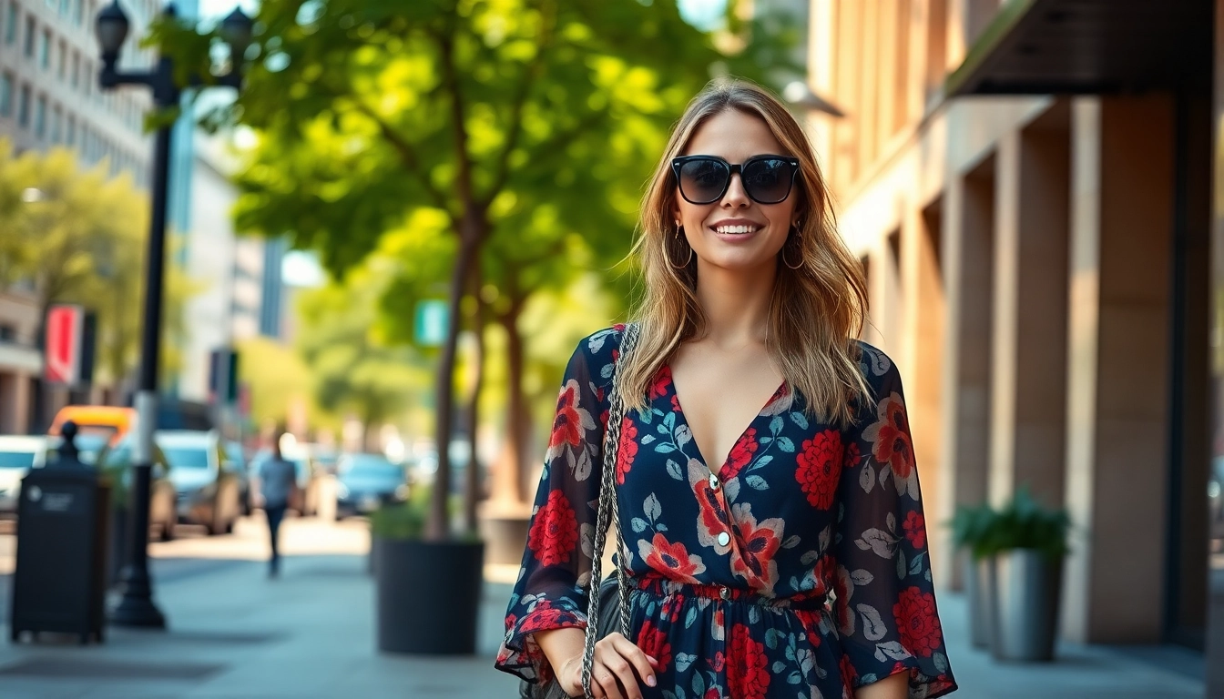 Stylish woman confidently showcasing women fashion in a vibrant urban setting.