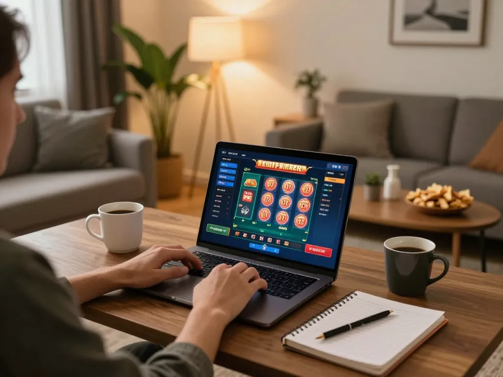 Player engages with kkwin online casino on laptop, showcasing poker and slot interface in a cozy home setting.