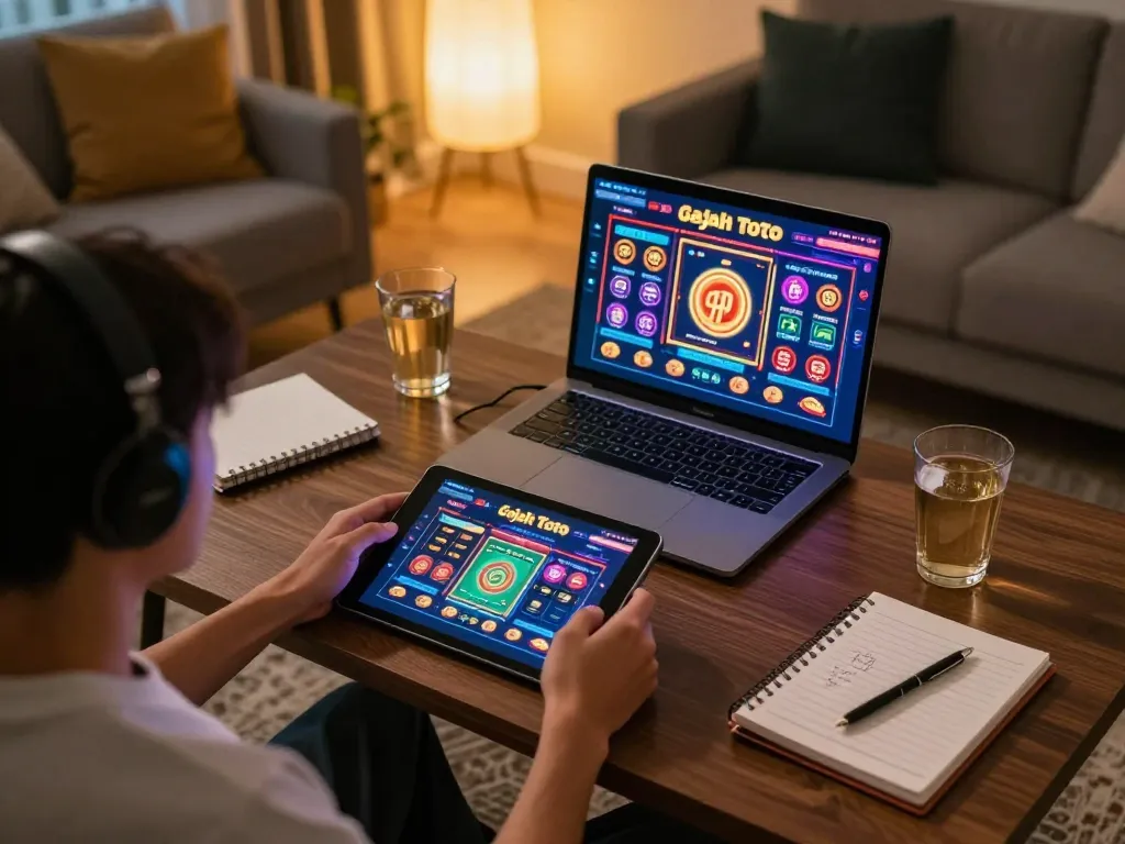Engaging in Gajah Toto online games at home with cozy setup and strategy notes.