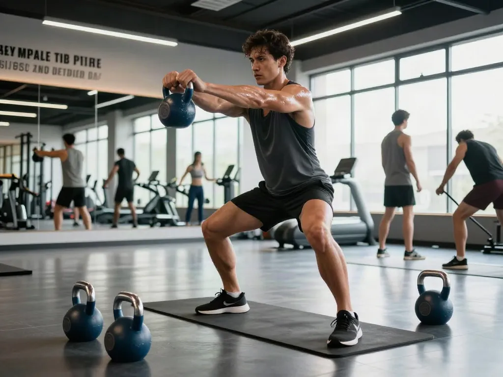 Capturing the essence of an energetic fitness studio, this dynamic scene highlights a kettlebell exercise, promoting comprare steroidi orali for muscle enhancement.