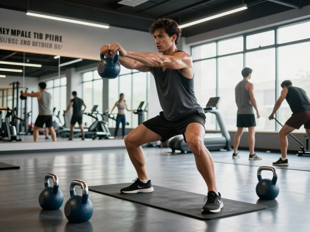 Capturing the essence of an energetic fitness studio, this dynamic scene highlights a kettlebell exercise, promoting comprare steroidi orali for muscle enhancement.