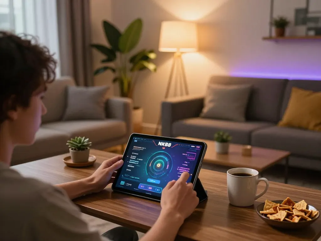 Player exploring the NK88 link on a tablet in a cozy home gaming setup.