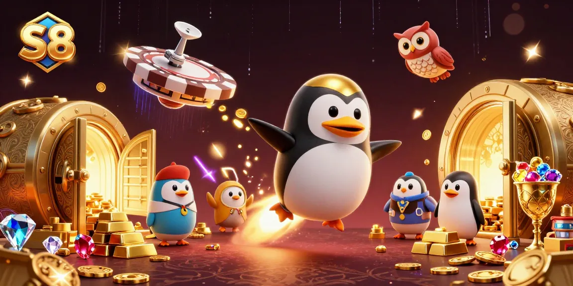 Experience thrilling wins at S8 casino with a dazzling golden penguin and vibrant gameplay elements.