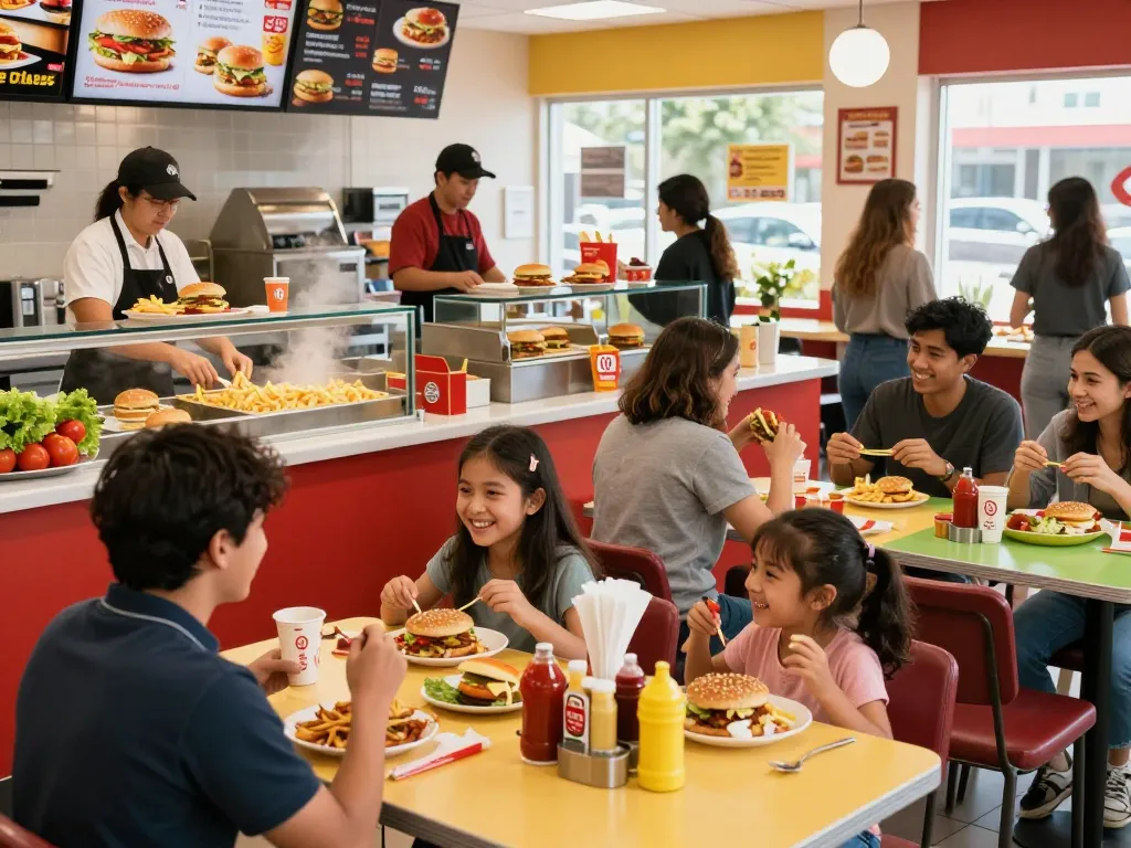 Fast food menu items served at a vibrant restaurant during a busy lunch hour, showcasing customers enjoying meals in a lively atmosphere.