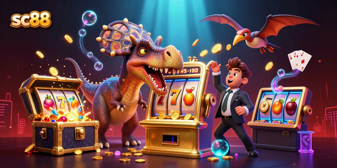 Experience the excitement of sc88 as a cartoon pachycephalosaurus wins big at the slot machine amidst flying coins and vivid casino elements.
