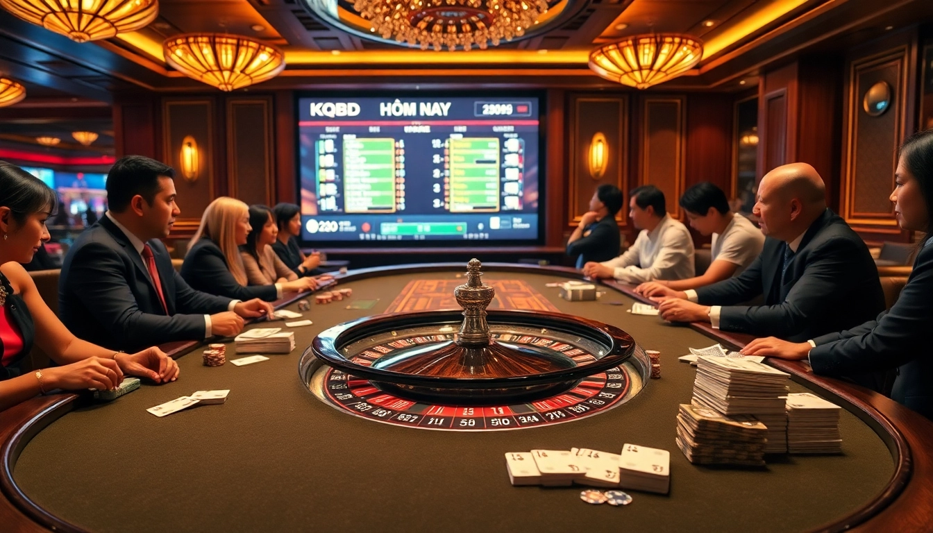 KQBD hôm nay updates displayed in a luxurious casino featuring engaged players, roulette table, and vibrant gaming atmosphere.