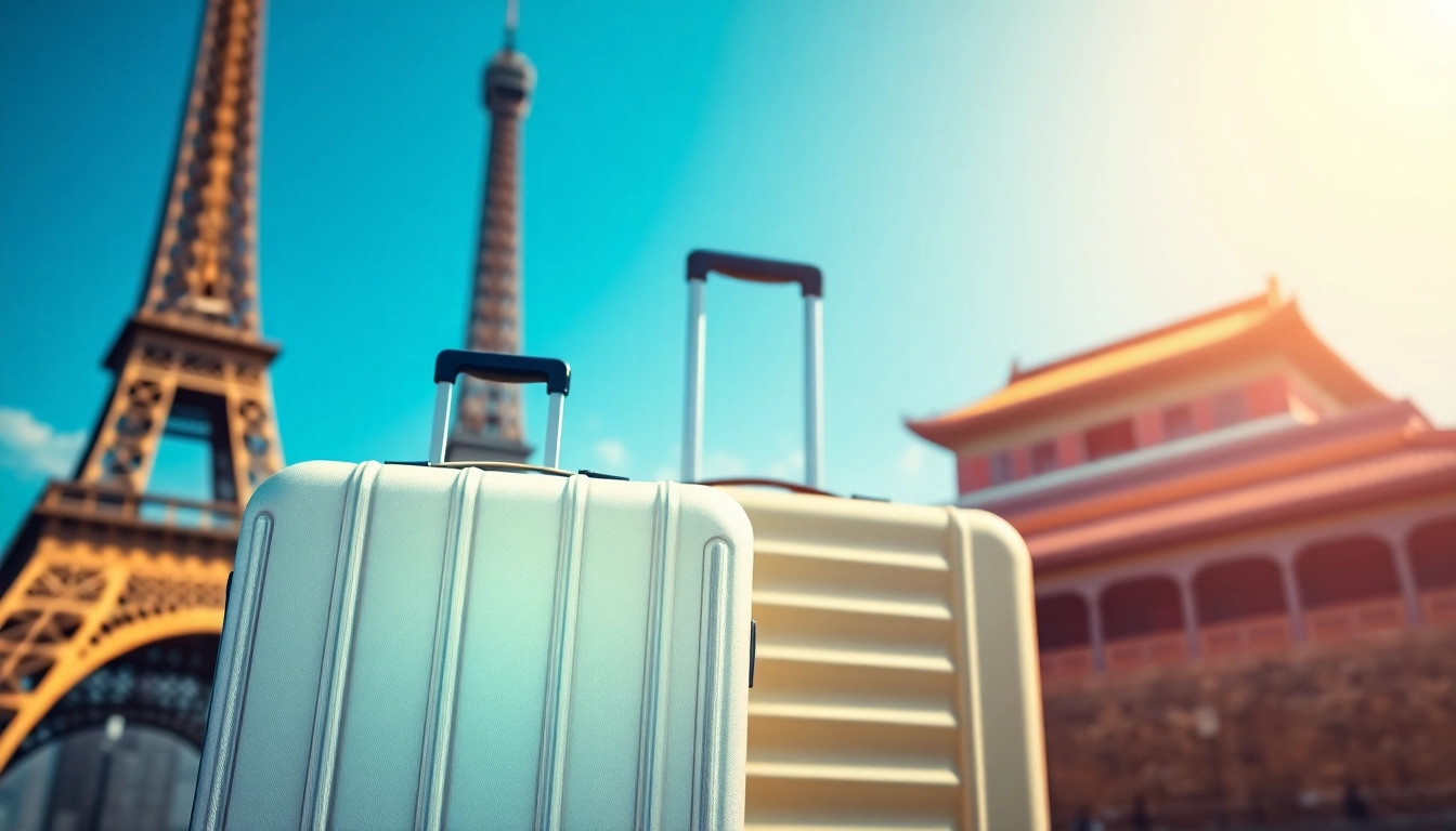 Travel insurance protection featured with a glowing suitcase and iconic landmarks.
