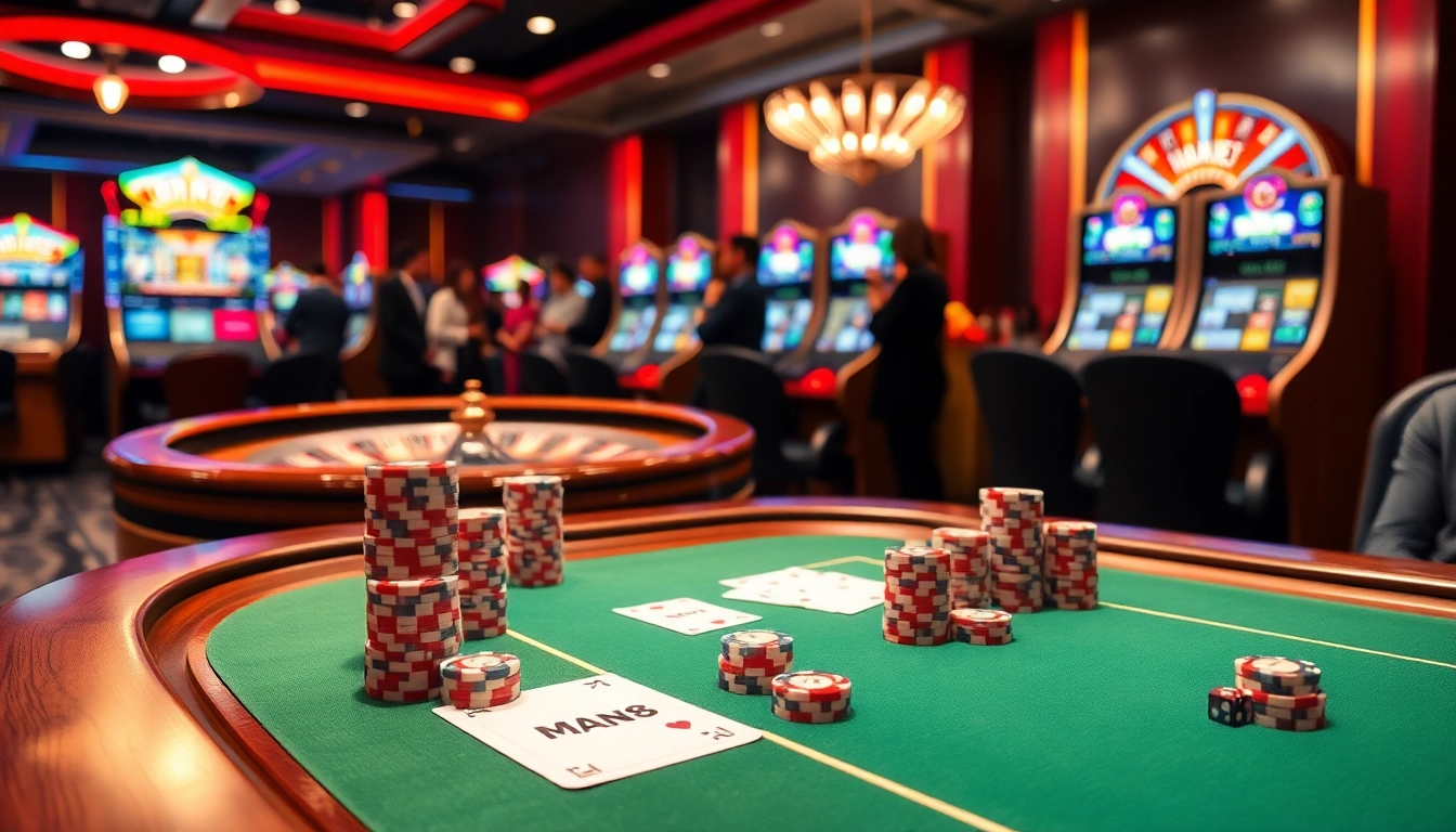 Man88 casino scene showcasing poker chips and roulette wheel in vibrant atmosphere