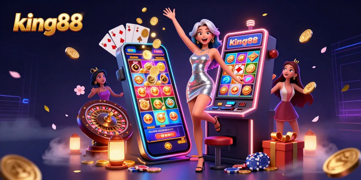 Experience excitement with king88 as golden coins erupt from a jackpot-winning slot machine, surrounded by vivid gaming elements.