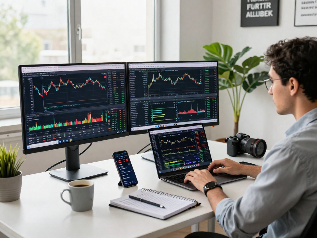 Dynamic TradingView analysis workspace with dual monitors showcasing market charts.