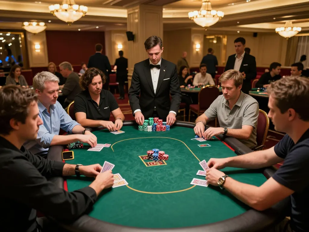 Players strategizing their next move at a poker table in a luxurious casino, highlighting the 11win experience.