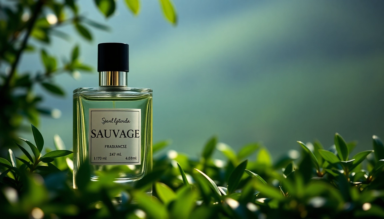 Sauvage fragrance bottle showcased amidst lush greenery, radiating elegance and freshness.