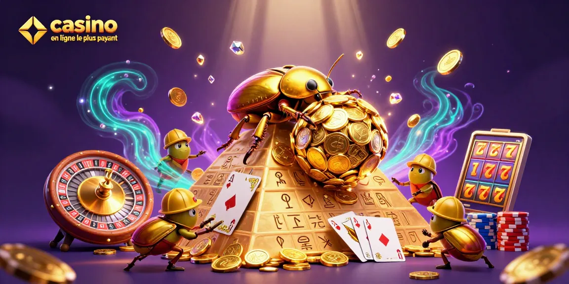 Jouer au casino en ligne le plus payant avec un scarabée doré parmi des pièces et des jeux.
