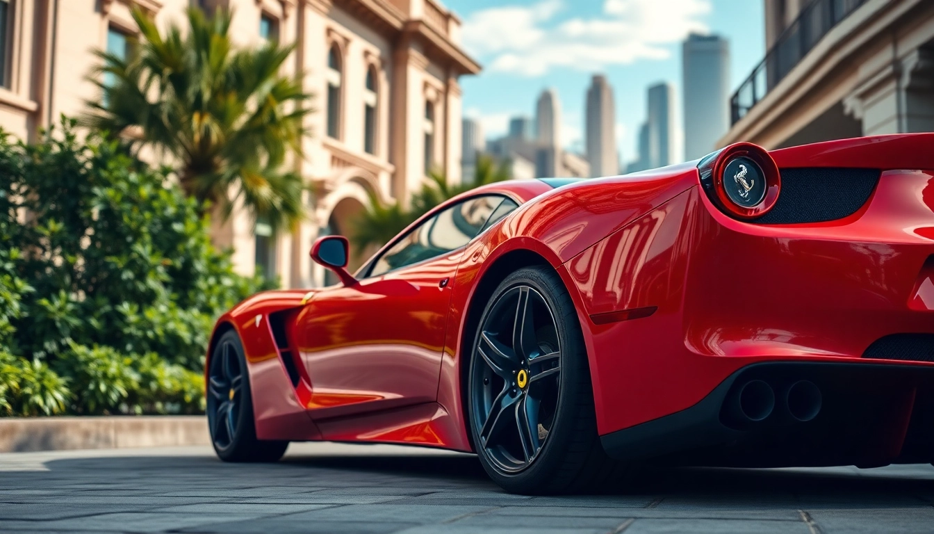 Showcasing a preowned Ferrari in Durban with luxurious design and vibrant colors in a sophisticated urban setting.