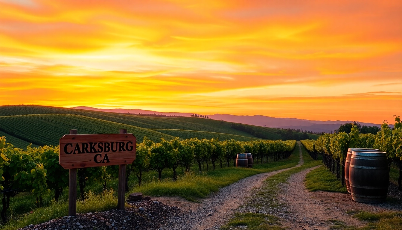 Stunning vineyard view in Carksburg CA showcasing lush greenery at sunset.