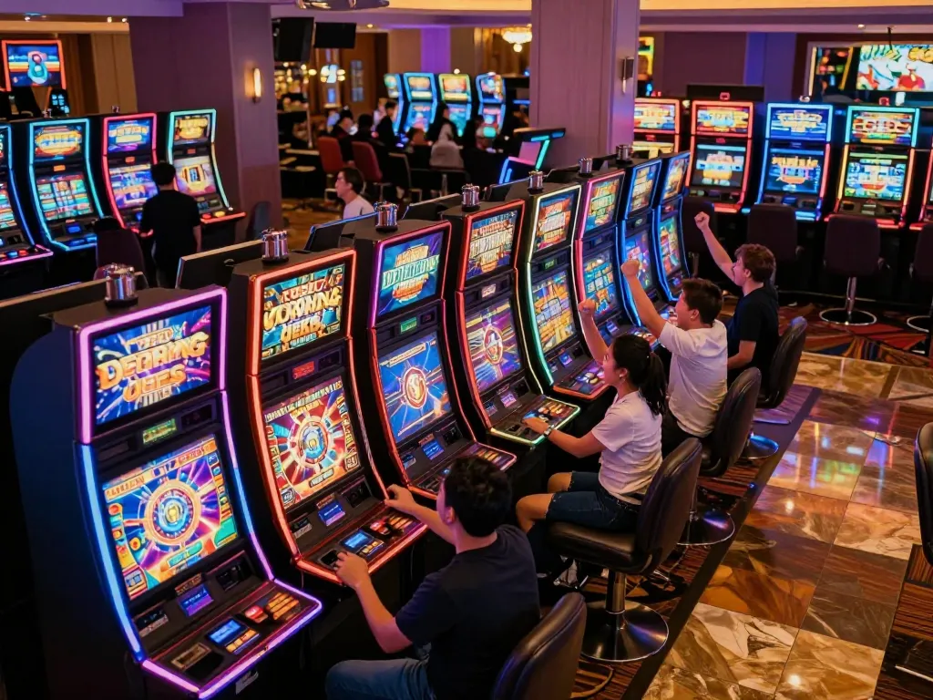 Players enjoying vibrant slot777 machines in a lively casino atmosphere